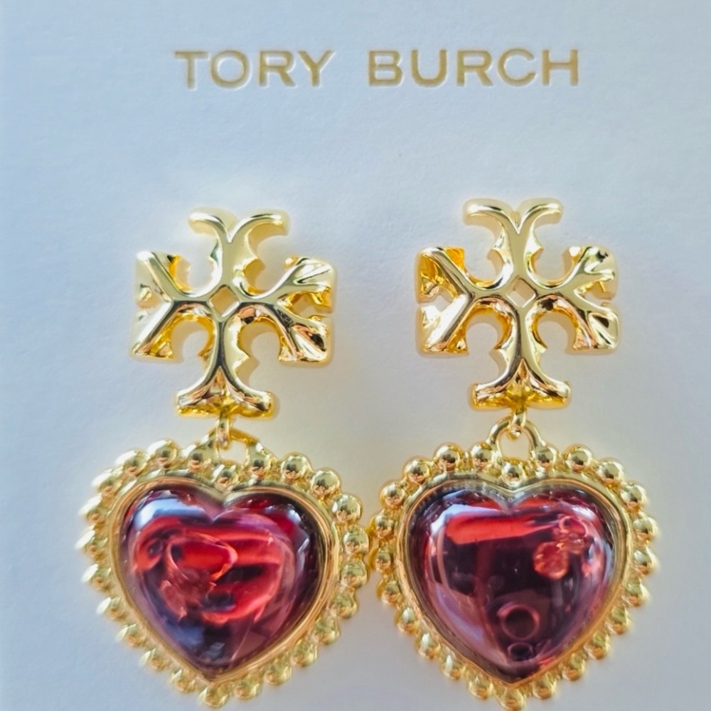 TORY BURCH ROXANNE GOLD LOGO PURPLE HEART DROP EARRINGS - Picture 2 of 9